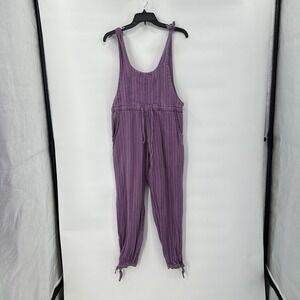 Soul Flower Overalls S / M Purple Striped Cotton Jumpsuit Tie Straps Hippie Boho